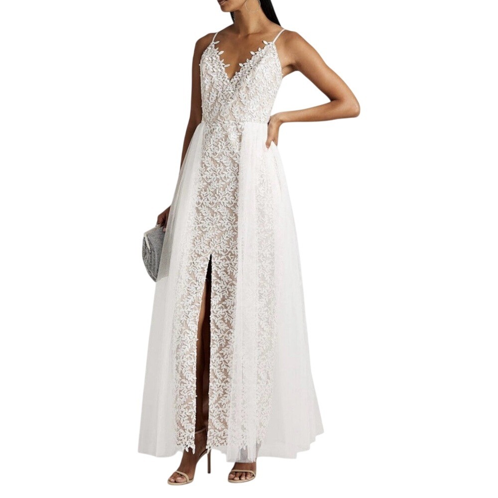 Aidan Mattox Women's Tulle-Paneled‎ Guipure Lace Gown Prom Dress White Size 6